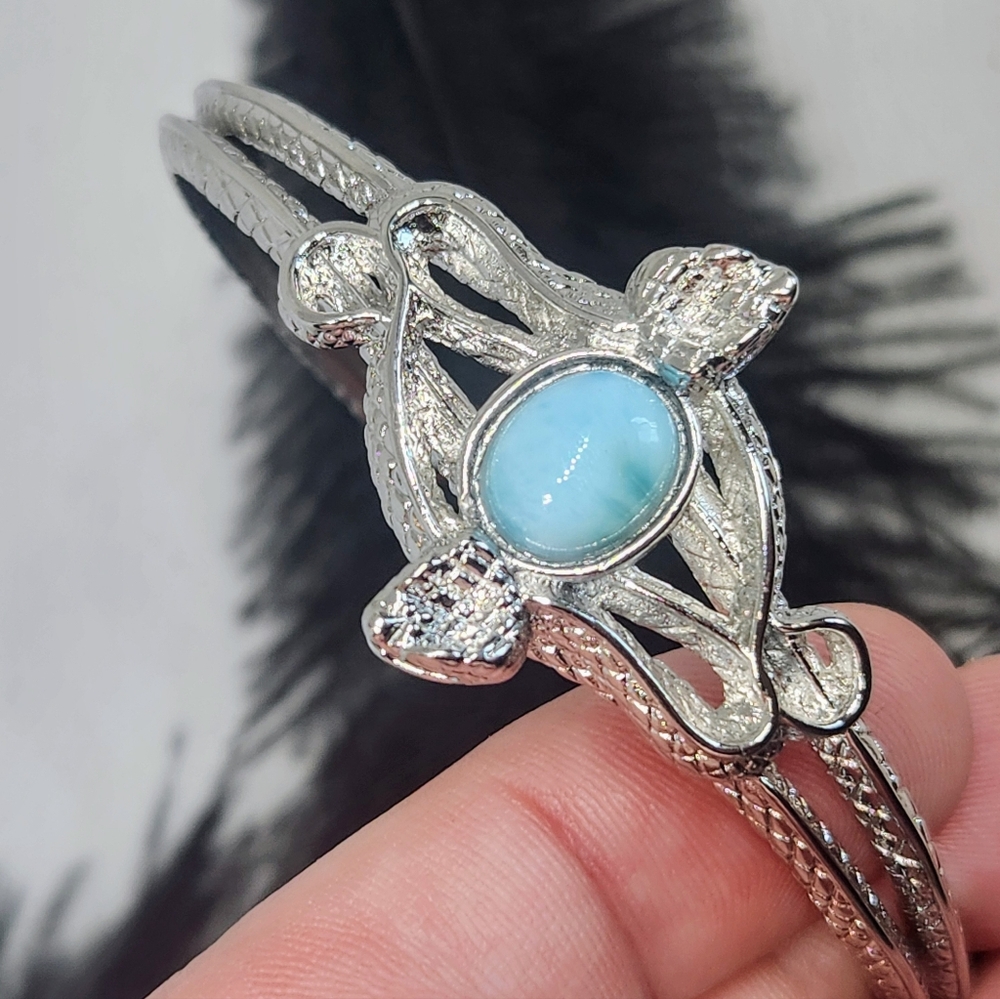Genuine Larimar Snake Bangle. Adjustable Silver Bracelet. - Picture 4 of 8